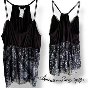 American Rag Cie Tank Top Black Pixie Mesh Hem Paisley Boho Festival Vibes M